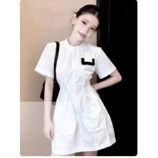 批发白色连衣裙女2026春季新款设计感超好看短袖圆领收腰休闲气质裙子