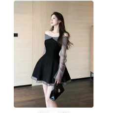 批发2026巨好看法式赫本风高级感网纱拼接黑色一字肩长袖<b class='q'>连衣裙</b>子女春