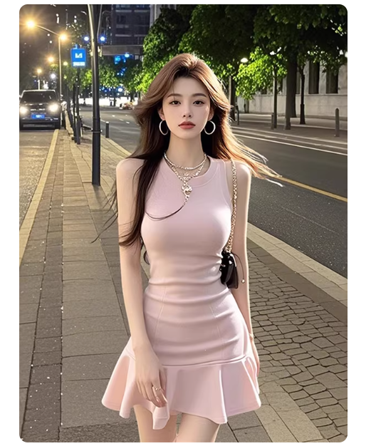 달콤함 부드러운 바람 핑크색 u 칼라 니트 여성 드레스 여름 순수한 욕망 명문 여성 품격 프릴 민소매 조끼 스커트