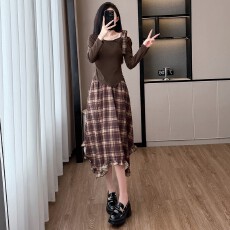 批发不规则斜肩长袖上衣<b class='q'>雪纺</b>格纹半身裙女套装薄款2026春秋新款连衣裙