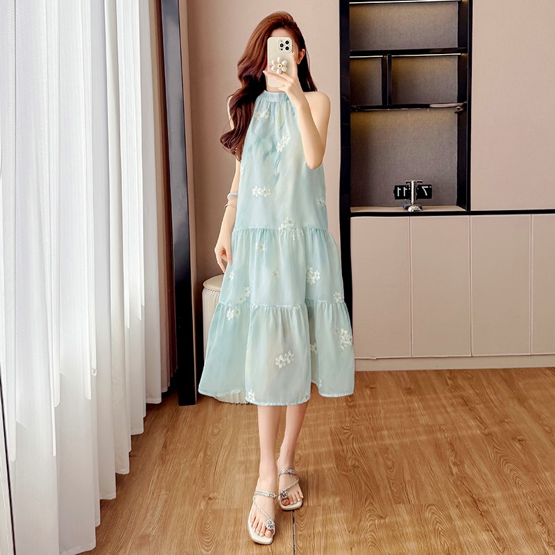 박하 드레스 부드러운 자수 홀치기 염색 프린트 행침 목 미니 스커트 슈퍼 요정 휴가 사진 찍기