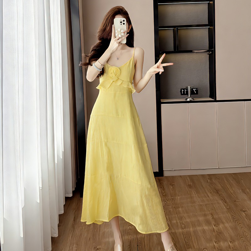 프랑스식 전원 바람 황색 슬립 길다 치마 3 차원 꽃 소녀 센스 해변가 휴가 바람 여성 드레스