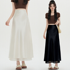 批发实拍 纱网拼接醋酸缎面半身裙女2026夏季高腰显瘦裙摆中长款a字裙