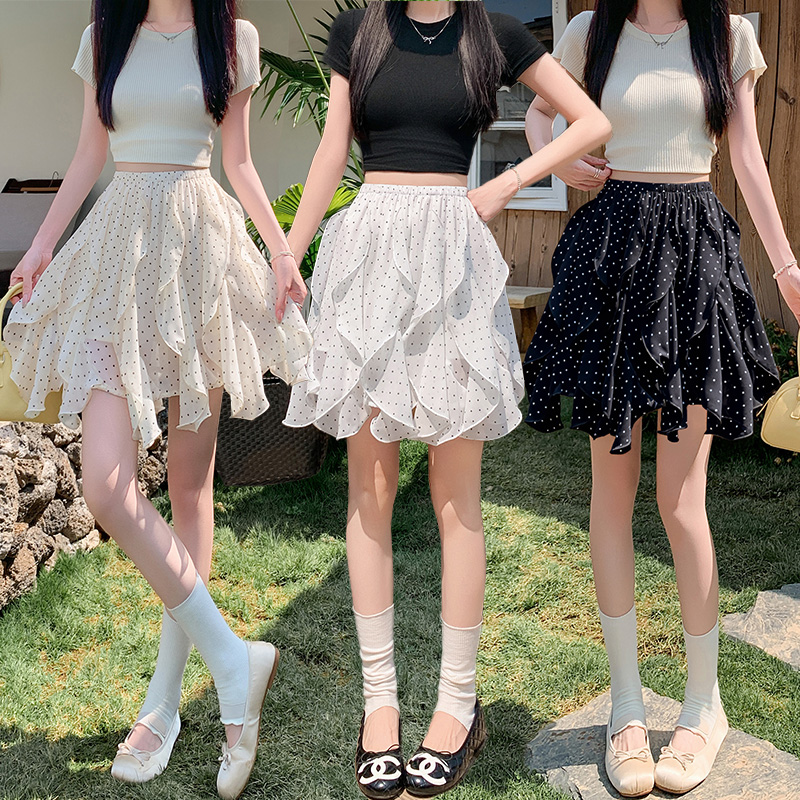 실사 새로운 프랑스식 하이웨이스트 불규칙 프릴 반신 스커트 여성 레이스 조각 꽃잎 치마 쉬폰 반신 스커트