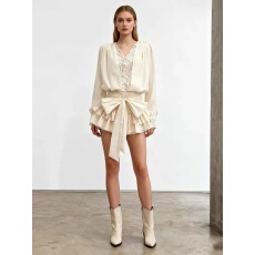 批发越南小众设计 新款时尚辣妹<b class='q'>长袖</b>束腰蝴蝶结蓬蓬短裙