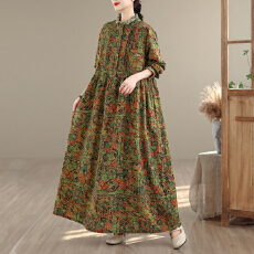 批发实拍复古文艺棉麻连衣裙超长款过膝印花气质裙子宽松长袖麻料森系