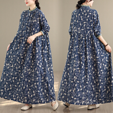 批发实拍复古文艺棉麻连衣裙超长款过膝印花气质裙子宽松长袖麻料森系