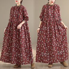 批发实拍复古棉麻印花褶子长袖花边领连衣裙女宽松显瘦长款A字裙女