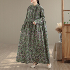 批发实拍复古文艺棉麻连衣裙超长款过膝印花气质裙子宽松长袖麻料森系