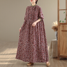 批发实拍复古文艺棉麻连衣裙超长款过膝印花气质裙子宽松长袖麻料森系