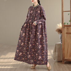 批发实拍复古文艺棉麻连衣裙超长款过膝印花气质裙子宽松长袖麻料森系