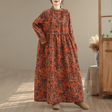 批发实拍复古棉麻印花褶子长袖花边领连衣裙女宽松显瘦长款A字裙女