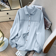 批发实拍文艺清新双层棉纱衬衫女长袖宽松刺绣甜美学院风衬衣领