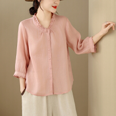 批发实拍木耳领短<b class='q'>袖</b>衬衫女复古文艺纯色五分<b class='q'>袖</b>薄款<b class='q'>上衣</b>夏季短款开衫