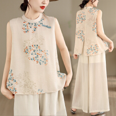 批发实拍新中式套装女2026夏季新款国风气质印花无袖上衣阔腿裤两件套