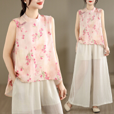 批发实拍新中式套装女2026夏季新款国风气质印花无袖上衣阔腿裤两件套