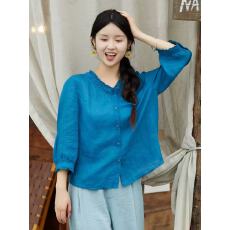 批发木耳领短<b class='q'>袖</b>衬衫女复古文艺纯色五分<b class='q'>袖</b>薄款<b class='q'>上衣</b>夏季短款开衫