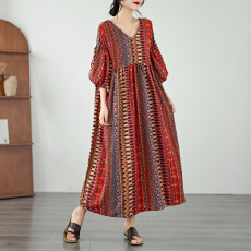 批发实拍外贸2026年夏季新款宽松灯笼袖民族风长款宽松<b class='q'>连衣裙</b>