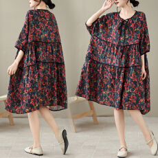 批发实拍2026新款夏季<b class='q'>大码</b>棉麻印花领口系绳宽松气质显瘦百搭<b class='q'>连衣裙</b>