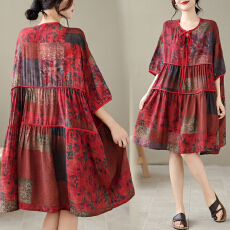 批发实拍2026新款夏季<b class='q'>大码</b>棉麻印花领口系绳宽松气质显瘦百搭<b class='q'>连衣裙</b>