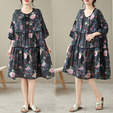 批发实拍2026新款夏季<b class='q'>大码</b>棉麻印花领口系绳宽松气质显瘦百搭<b class='q'>连衣裙</b>