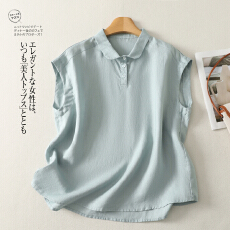 批发<b class='q'>实拍</b>简约纯色亚麻翻领无袖<b class='q'>T</b><b class='q'>恤</b>女2026夏季新款纽扣休闲百搭上衣