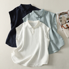 批发<b class='q'>实拍</b>简约纯色亚麻翻领无袖<b class='q'>T</b><b class='q'>恤</b>女2026夏季新款纽扣休闲百搭上衣