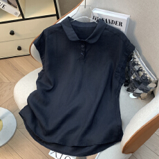 实拍简约纯色翻领无袖T恤女2026夏季新款纽扣休闲百搭上衣