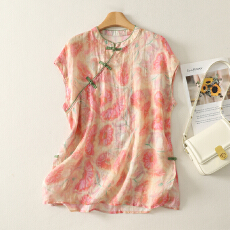 批发实拍2026夏季新款高品质棉麻复古文艺盘扣显瘦宽松休闲印花上衣