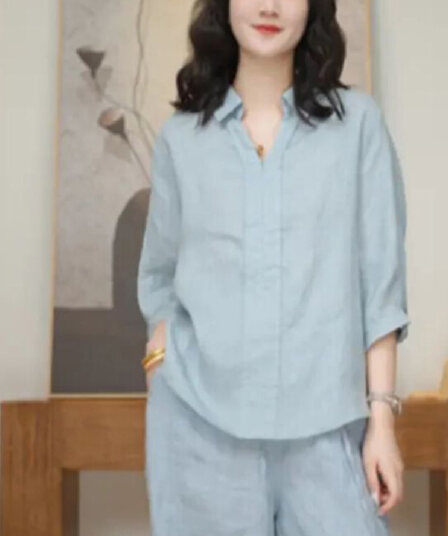 비 실사 여름 미니멀리즘 느긋한 바람 V넥 면 린넨 여성 셔츠 반 개방 칼라 지퍼 품격 다용도 슬림해 보이는 맨위