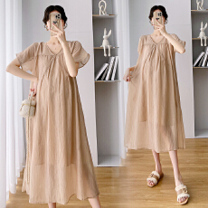 批发大量货 孕妇装夏季雪纺连衣裙中长款宽松圆领长裙短袖大码裙