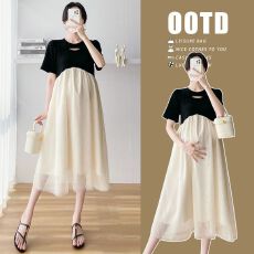 批发大量货实拍 孕妇装夏季连衣裙中长裙雪纺裙短袖圆领长裙夏外穿