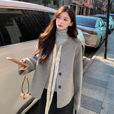 批发实拍十三行高品质女装2025秋冬小香风<b class='q'>蕾丝</b>双面双色羊毛呢短款外套