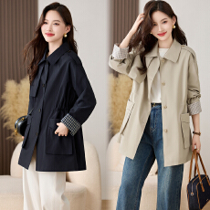 批发实拍松弛感洋气减龄袖子<b class='q'>春</b>秋宽松收腰显瘦简约纯色气质风衣外套