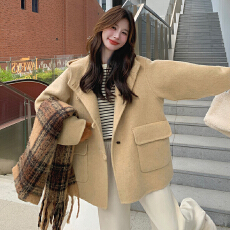 批发实拍韩系连帽<b class='q'>双面</b><b class='q'>羊绒</b><b class='q'>大衣</b>女2025秋冬季新款显瘦短款加厚呢子外套