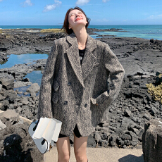 批发实拍韩版灰色西装毛呢外套女2025春季新款宽松高级感<b class='q'>短款</b>呢子大衣