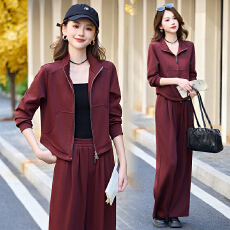 批发实拍红休闲<b class='q'>运动</b>套装女2025秋新款气质<b class='q'>修身</b>开衫外套阔腿裤两件套