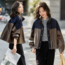 批发实拍2025秋季女装新款牛仔拼接时尚休闲立领<b class='q'>短</b>款皮衣外套