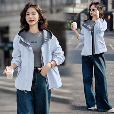 批发实拍2025春秋小个子宽松休闲气质百搭粉色连帽工装冲锋衣外套女