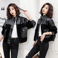 批发实拍2025春季秋季<b class='q'>短款</b>显瘦风嘻哈风立领<b class='q'>皮衣</b>拼接女装春秋时尚