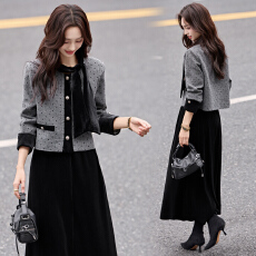 批发实拍2025小香风粗花呢短外套<b class='q'>金丝</b>绒半身裙两件套女高级感时尚套装