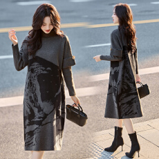 批发实拍十三行2025年秋季新款假两件水墨花毛<b class='q'>连衣裙</b>中长款显瘦<b class='q'>气质</b>