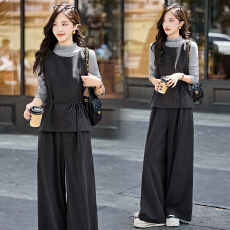 批发实拍套装裤女2025新款复古小香风绑带收腰打底衫马甲阔腿裤套装裙