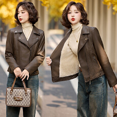 批发高品质 冬季新款复古高级感机车皮加绒皮衣外套