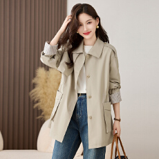 批发实拍十三行松弛感洋气减龄撞色袖子<b class='q'>春</b>秋宽松收腰显瘦简约风衣外套