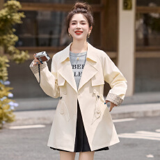 批发实拍十三行中长款收腰风衣女2025秋季时尚袖口拼格<b class='q'>春</b>秋外套