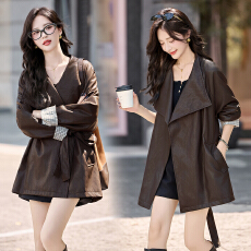 批发高品质十三行休闲复古PU皮2025<b class='q'>秋</b>季立领中长款腰带风衣皮衣外套