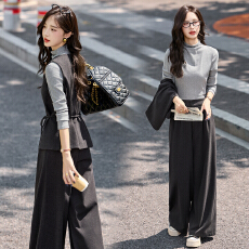 批发高品质十三行女2025复古小香风绑带收腰<b class='q'>打底</b>衫马甲阔腿裤套装裙