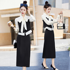 批发高品质十三行修身飘带饰上衣套装女新款洋气显瘦减龄半身裙两件套