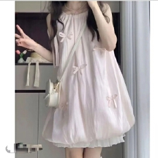 批发甜美温柔<b class='q'>可爱</b>粉色蝴蝶结花苞<b class='q'>连衣裙</b>女学生夏季新款宽松显瘦短裙
